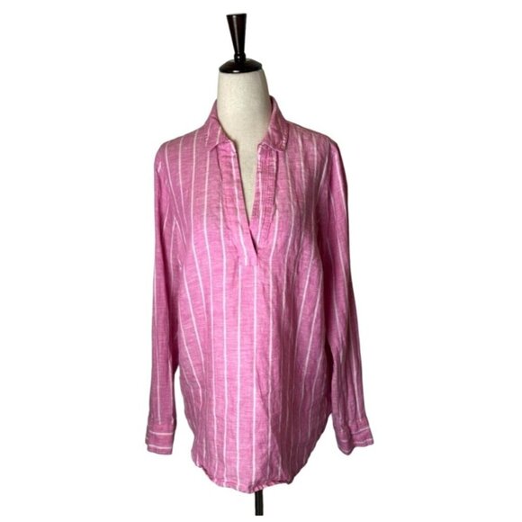 NYDJ Shirt Women Small Pink‎ And White Striped Collared Linen Pullover - Picture 2 of 11